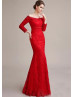 Off Shoulder Red Lace Tulle Corset Back Formal Evening Dress